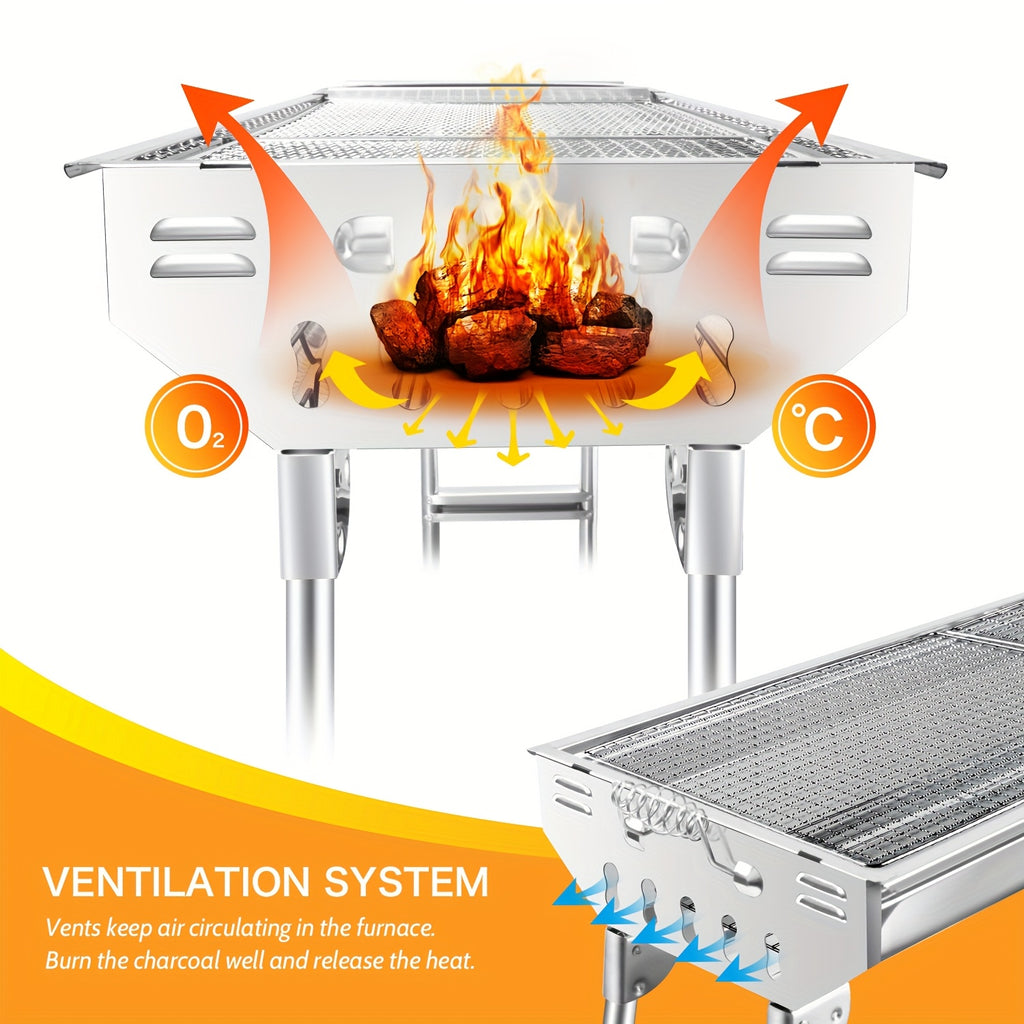 Gril à Charbon Pliable en Acier Inoxydable avec Couvercle - Gril Portable Pliable Idéal pour Barbecue, Camping, Pique-nique et Festival - Compatible Charbon et Briquettes - Fumoir à Charbon pour Extérieur