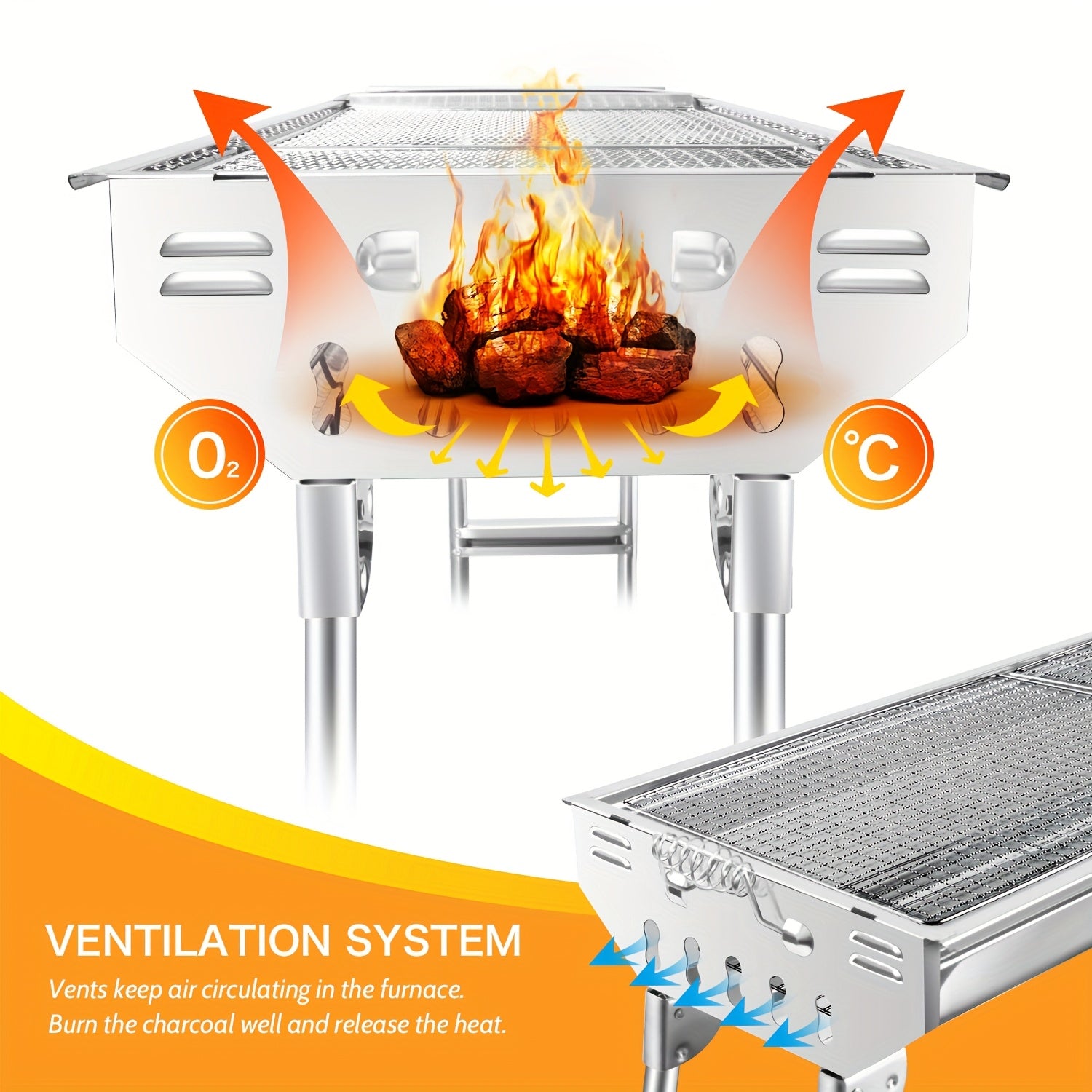 Gril à Charbon Pliable en Acier Inoxydable avec Couvercle - Gril Portable Pliable Idéal pour Barbecue, Camping, Pique-nique et Festival - Compatible Charbon et Briquettes - Fumoir à Charbon pour Extérieur