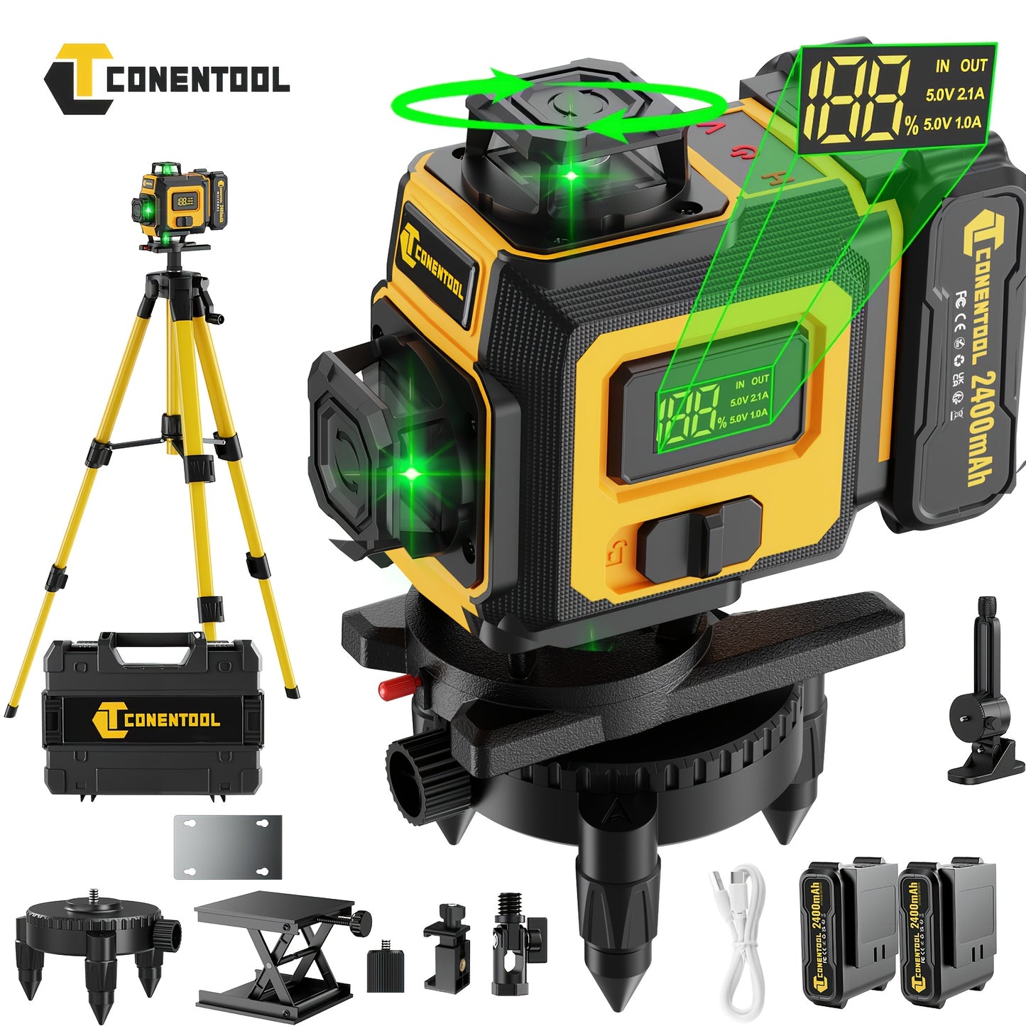 Niveau laser autodresseur 4D professionnel Conentool avec ou sans trépied robuste et barre d'extension, projecteur de lignes horizontales/verticales 16 lignes, options batterie/affichage LCD, base rotative 360° adapté au bricolage et à la rénovation