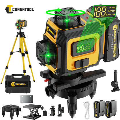 Niveau laser autodresseur 4D professionnel Conentool avec ou sans trépied robuste et barre d'extension, projecteur de lignes horizontales/verticales 16 lignes, options batterie/affichage LCD, base rotative 360° adapté au bricolage et à la rénovation