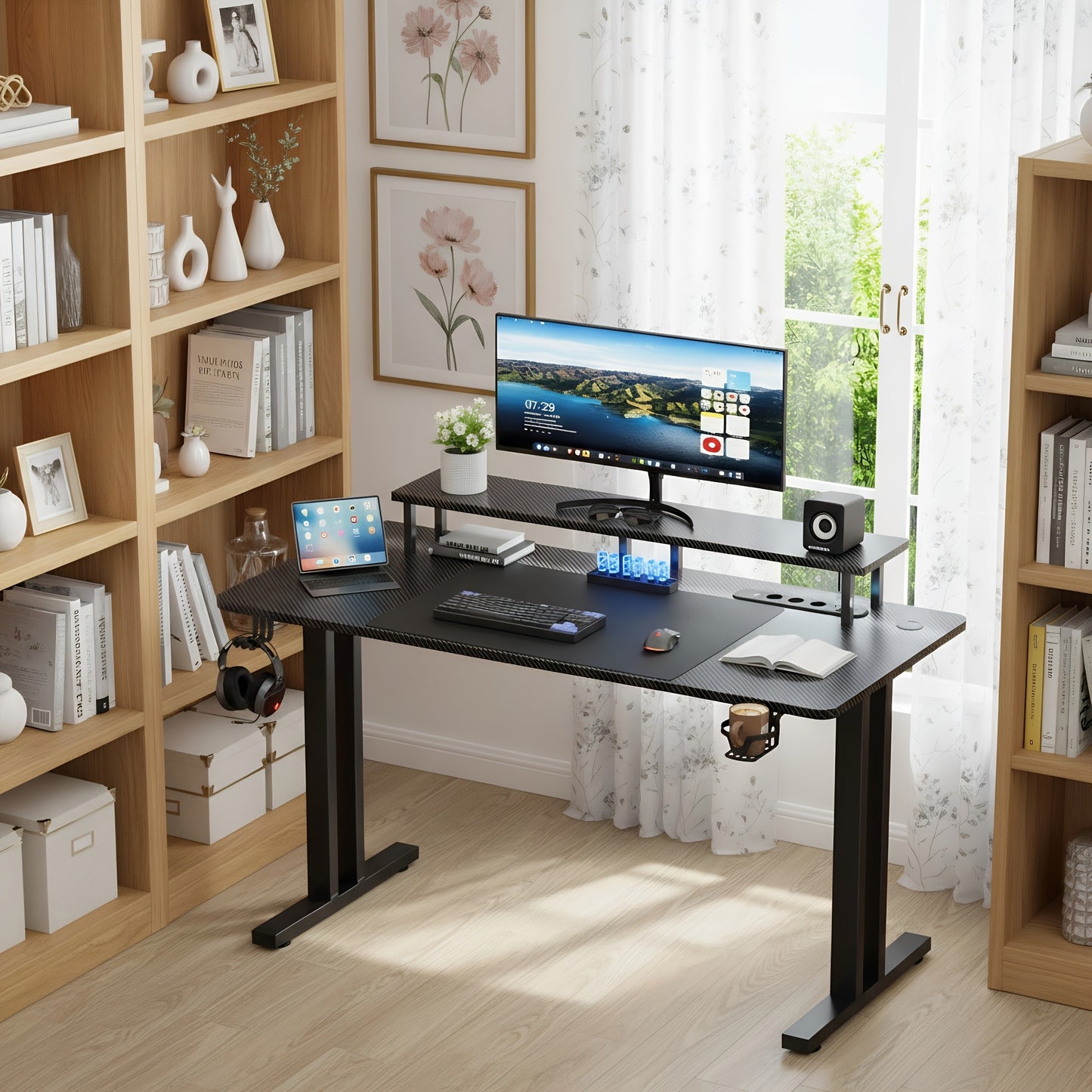 Bureau de Jeu RGB LED avec Prises Électriques et Support pour Moniteur, Poste de Travail Ergonomique pour Ordinateur, Grand Plateau en Fibre de Carbone pour Bureau à Domicile avec Porte-Gobelet et Crochet pour Casque, Noir