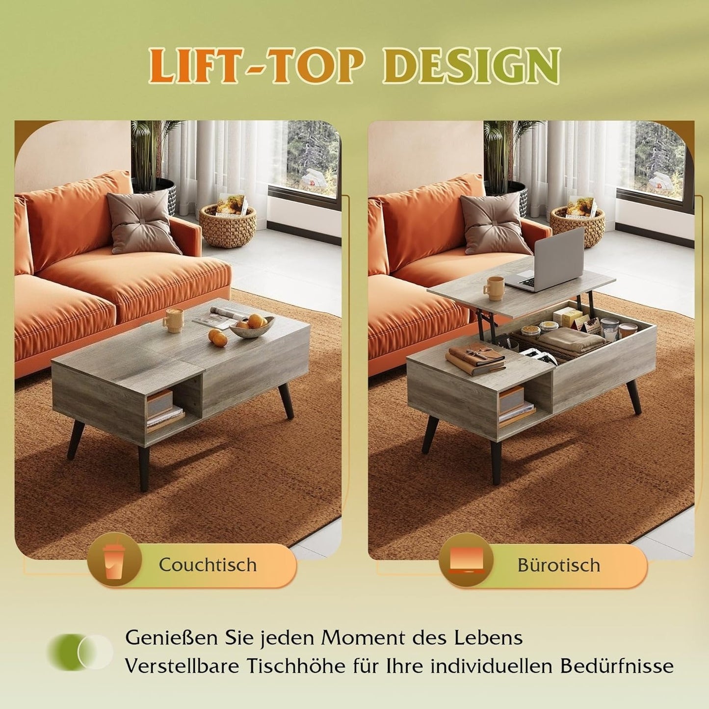 Table Basse Réglable en Hauteur, Extensible, Table de Salon avec Grand Compartiment de Rangement Caché, Plateau de Levage, Table Basse pour Bureau, Table de Canapé