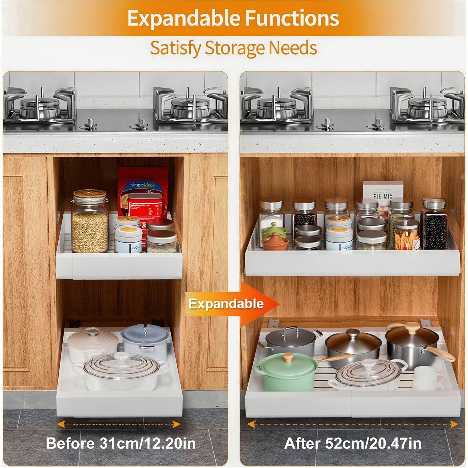 Un lot de 2 organisateurs d'armoire coulissants - étagère extensible à tiroirs adhésifs robuste, adaptée aux armoires de cuisine et étagères escamotables, idéale pour organiser le garde-manger, 31 cm-52 cm réglable (noir, blanc)