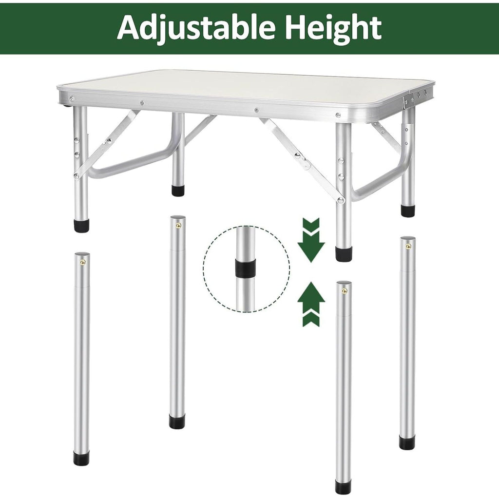 Table pliante 2 pieds robuste à hauteur réglable, table de camping portable avec poignée de transport, pour intérieur extérieur jardin fête BBQ 60x45x26/56 cm en aluminium, bureau BBQ pour cuisine extérieure