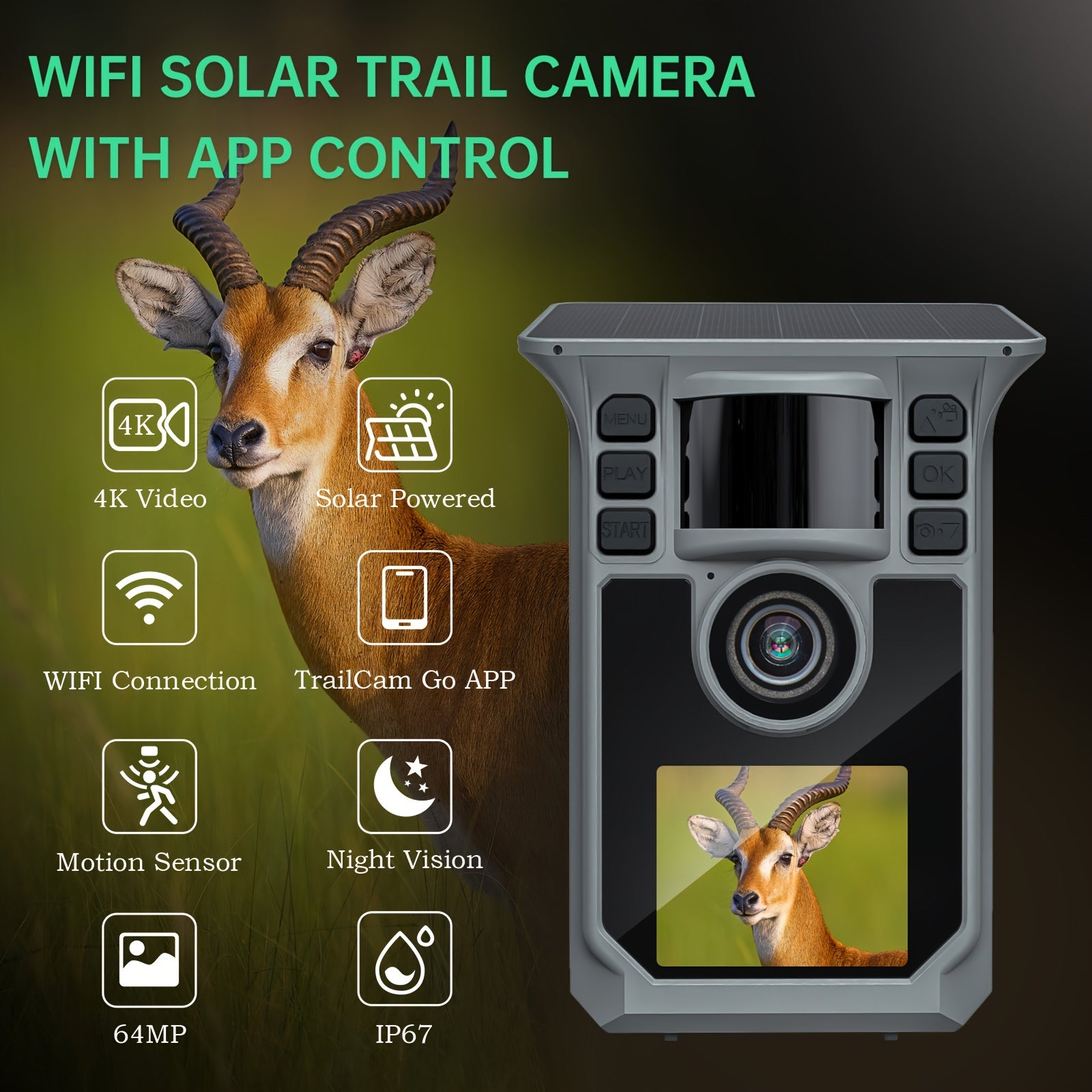 Caméra de Chasse 4K 64MP avec Vision Nocturne, Détection de Mouvement en 0,2s & 130°, Caméra de Jeu WiFi avec Écran, Panneau Solaire & Batterie de Secours pour Chasse, Surveillance de la Faune, Montage sur Arbre (Alertes Intelligentes via Application Mobi