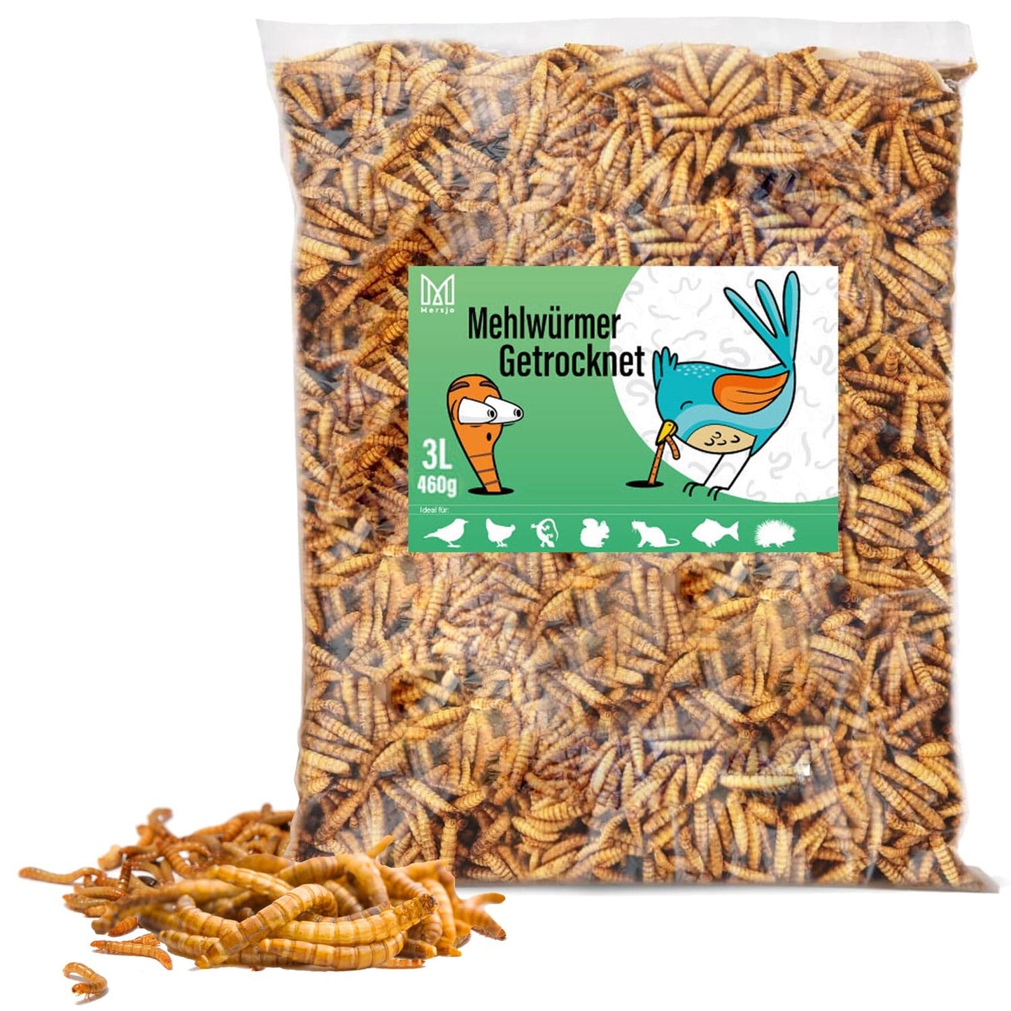 Larves de ver de farine séchées, aliment pour carpes koï, rongeurs, hérissons, oiseaux, reptiles, poissons, Mersjo 6,5 L 1 kg et 3 L 460 g