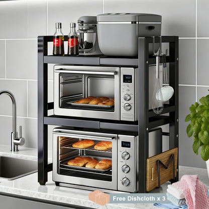 Étagère micro-ondes extensible 2/3 niveaux avec 2 crochets, un porte-planche à découper et 3 serviettes. Largeur réglable de 40 cm à 64 cm, hauteur ajustable. Idéale pour cuisines, bureaux et espaces de travail (noir, blanc)