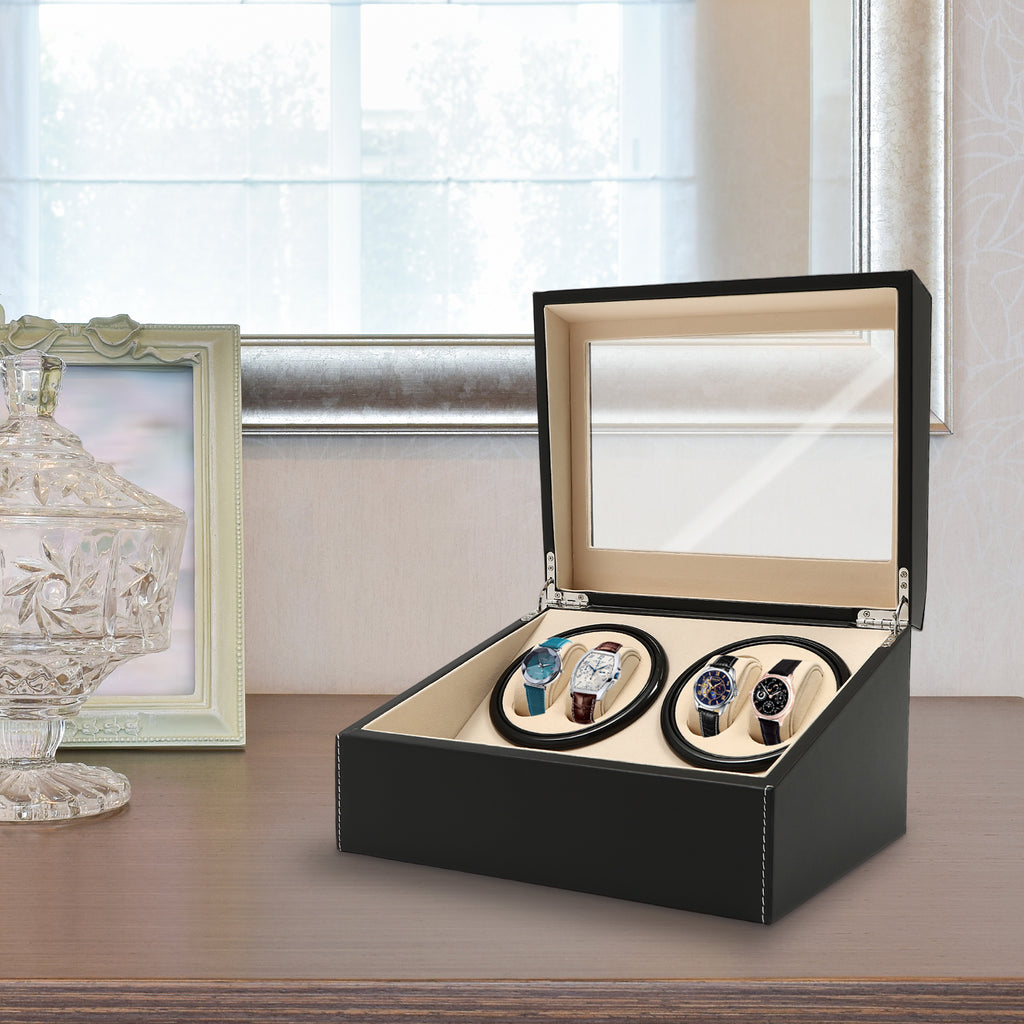 Boîte à Montres Automatique Rotative CNCEST, Boîte de Rangement pour 4 Montres avec 6 Compartiments + 6 Boîtes de Stockage en Similicuir, Noir – Idéale pour Magasins et Maison