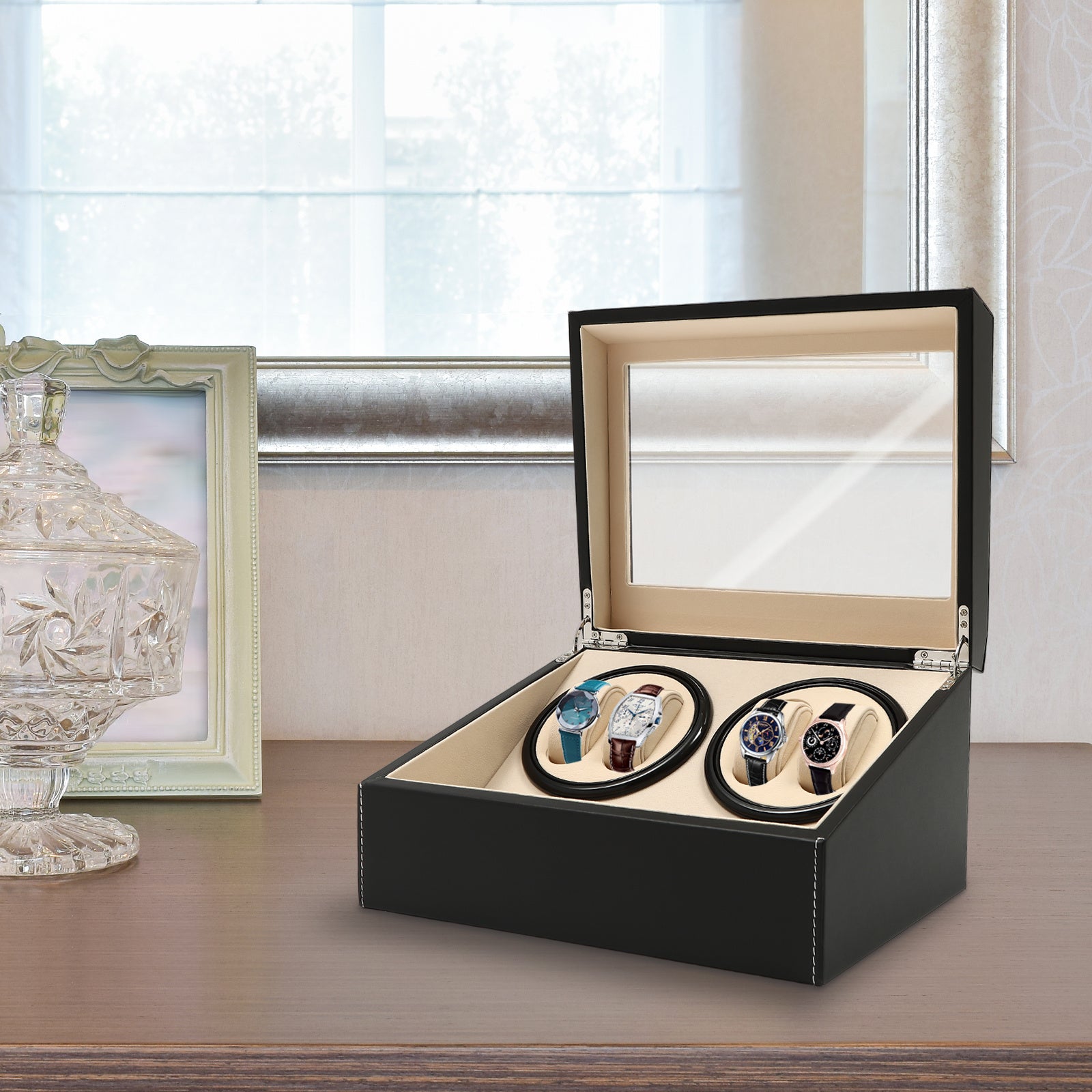 Boîte à Montres Automatique Rotative CNCEST, Boîte de Rangement pour 4 Montres avec 6 Compartiments + 6 Boîtes de Stockage en Similicuir, Noir – Idéale pour Magasins et Maison
