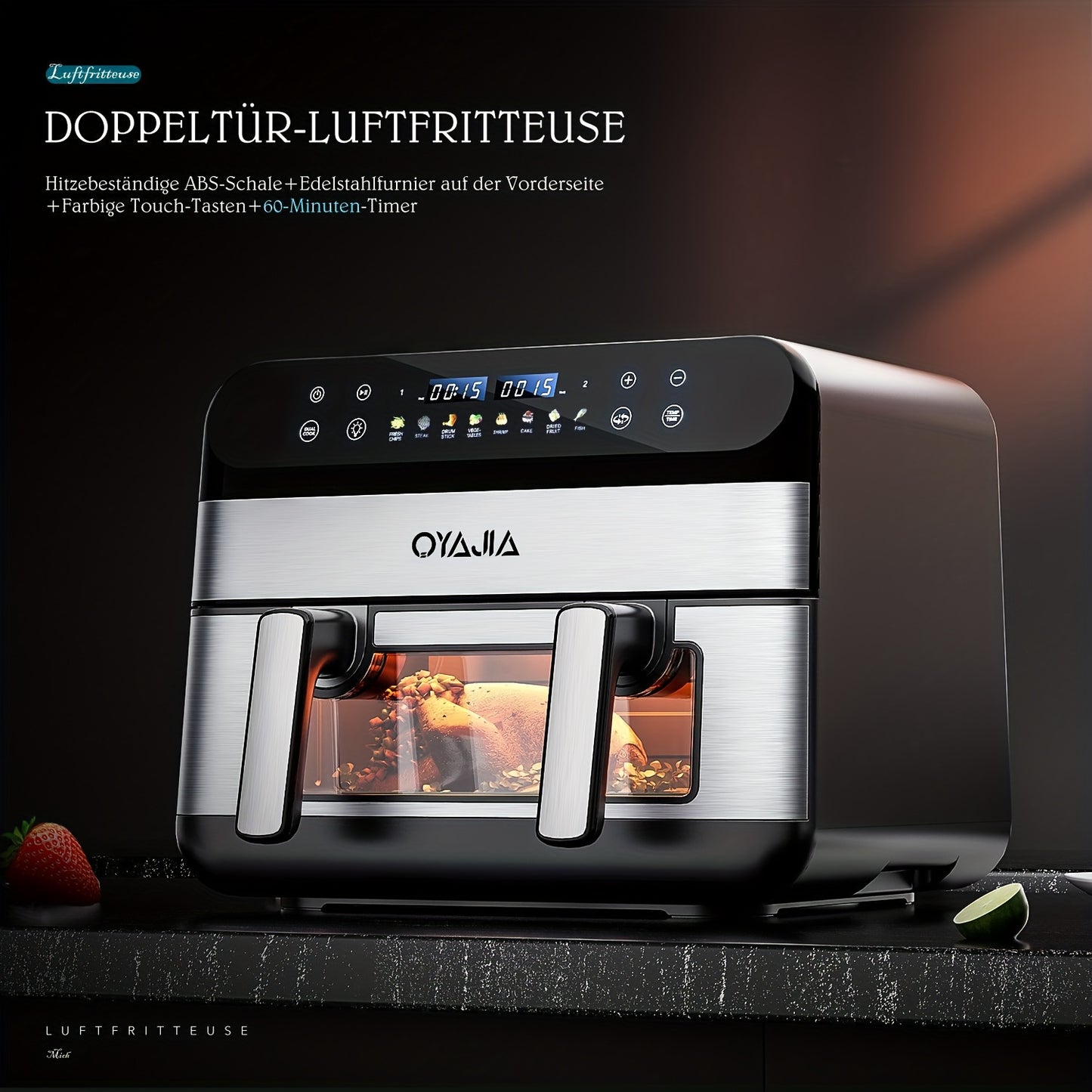 Friteuse à air 10L avec fenêtres d'affichage faciles - Friteuse à air XXL 8 en 1 avec panier flexible, séparateur pour double cuisson, finition synchronisée, panier lavable au lave-vaisselle, double friteuse à air numérique - Noir