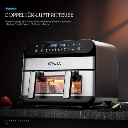Friteuse à air 10L avec fenêtres d'affichage faciles - Friteuse à air XXL 8 en 1 avec panier flexible, séparateur pour double cuisson, finition synchronisée, panier lavable au lave-vaisselle, double friteuse à air numérique - Noir