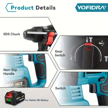 Perceuse à percussion électrique, poignée auxiliaire rotative à 180 degrés, boîte à vitesses 4 vitesses, mandrin métallique 26 mm, perceuse rotative sans fil, adaptée pour percer béton, acier, brique et bois, compatible avec les batteries YOFIDRA