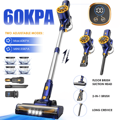 Aspirateur et Serpillière Combo 6-en-1 Ultra-Léger avec Écran LED - Aspiration Puissante de 60000PA, Moteur Sans Brosse Anti-Enchevêtrement, Batterie 2200mAh*8, Idéal pour la Maison, la Voiture, les Tapis, l'Élimination des Poils d'Animaux, Facile à Utili