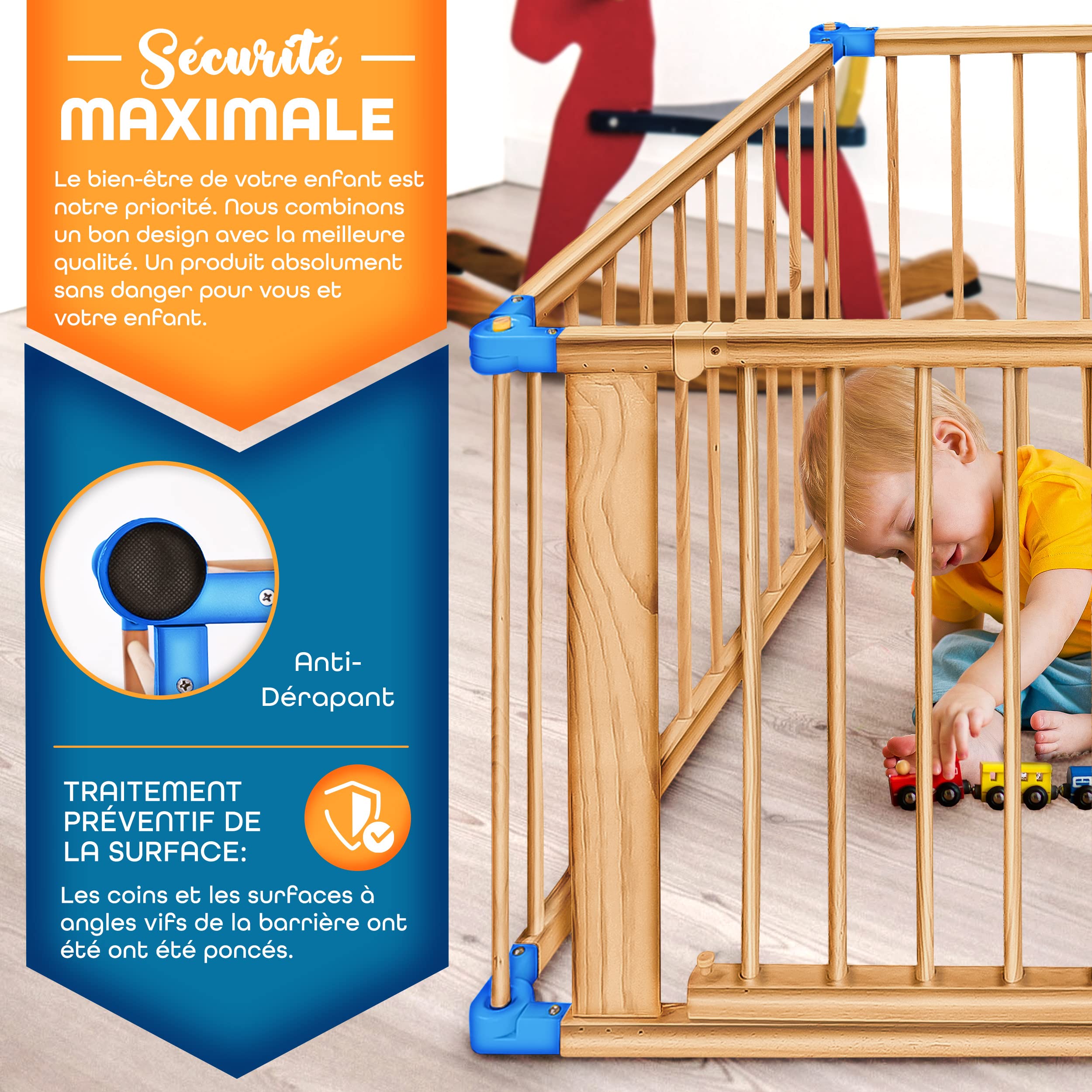 KIDUKU® Parc bébé pliable XXL de 7,2 mètres avec porte | Parc en bois avec double sécurité | Parc pliable pour enfants avec 8 éléments