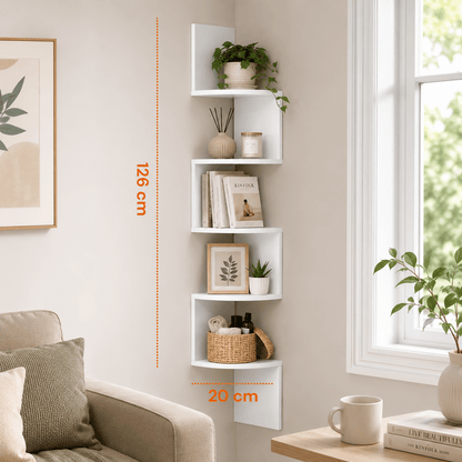 Étagère murale à 5 niveaux peu encombrante pour la maison - Support mural flottant zigzag, bibliothèque moderne pour cuisine, chambre, salon et bureau, dimensions 20 X 20 X 126 cm, accessoires pour la maison