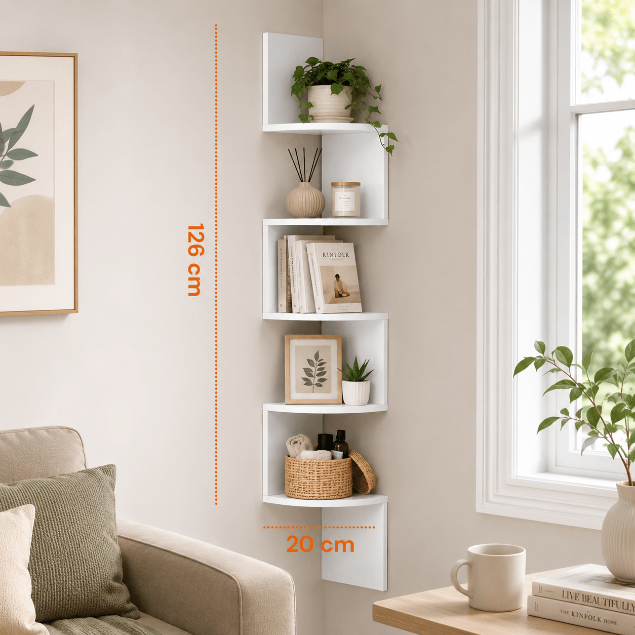 Étagère murale à 5 niveaux peu encombrante pour la maison - Support mural flottant zigzag, bibliothèque moderne pour cuisine, chambre, salon et bureau, dimensions 20 X 20 X 126 cm, accessoires pour la maison