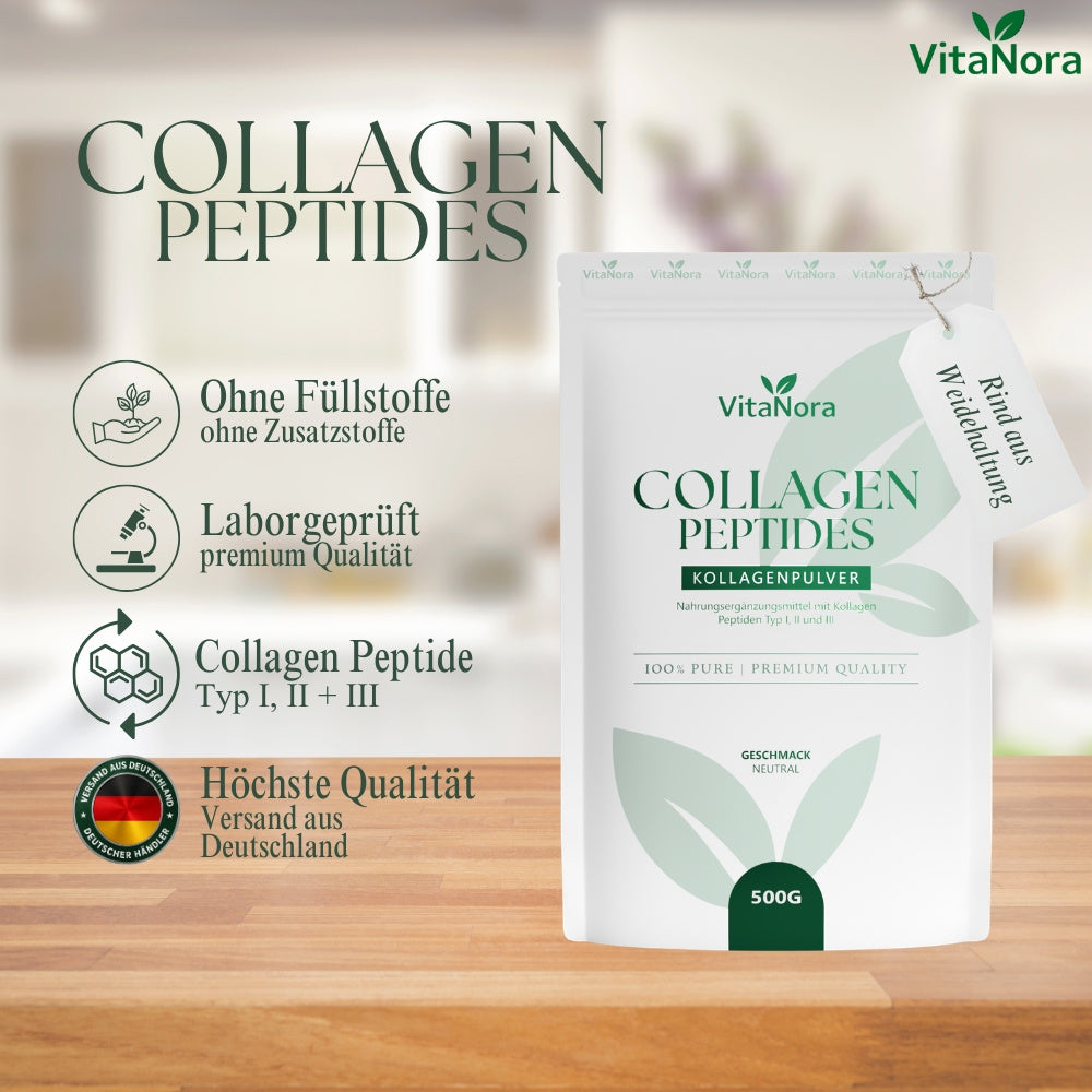 Poudre de Collagène 500g – Qualité Supérieure Expédiée d'Allemagne – Dose Élevée, Testée en Laboratoire, Très Soluble – Peptides de Collagène Type 1, 2, 3 – Populaire pour la Peau, les Cheveux, les Ongles et les Articulations – Hydrolysat de Collagène Écl