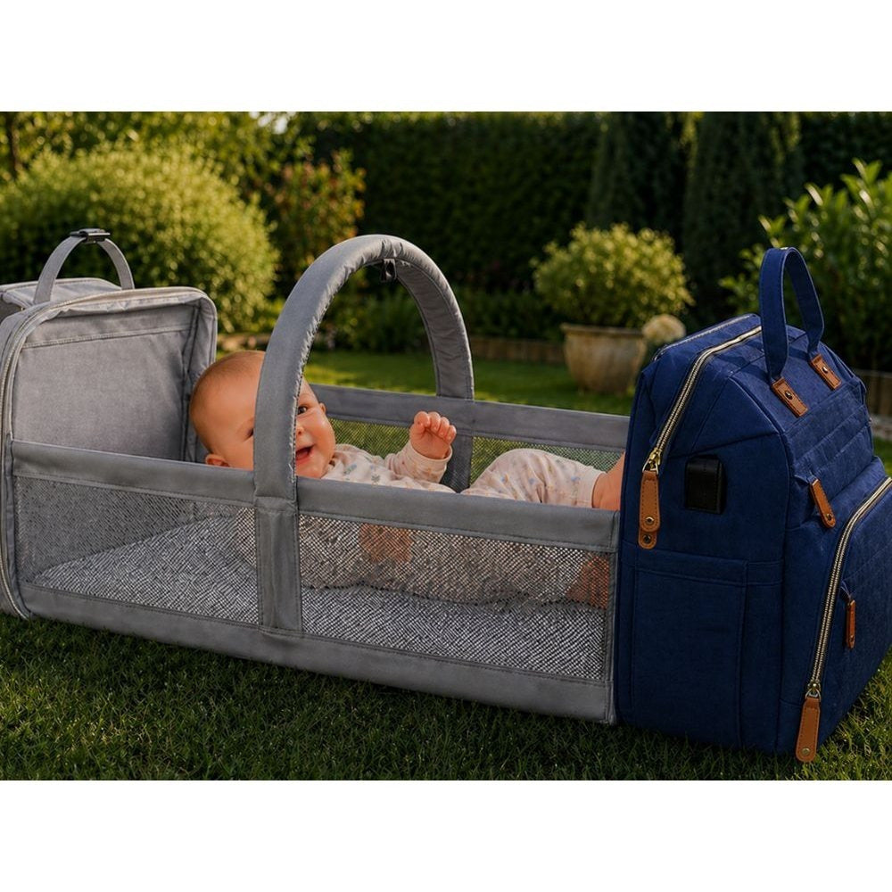 Sac à dos Maman avec lit et USB, Sac à dos multifonctionnel pour parents avec organisateur, Grand sac à dos de voyage avec fonction lit pour enfants, Sac à dos pratique pour la marche et les voyages, Lit pliable avec matelas, Sac à dos quotidien spacieux