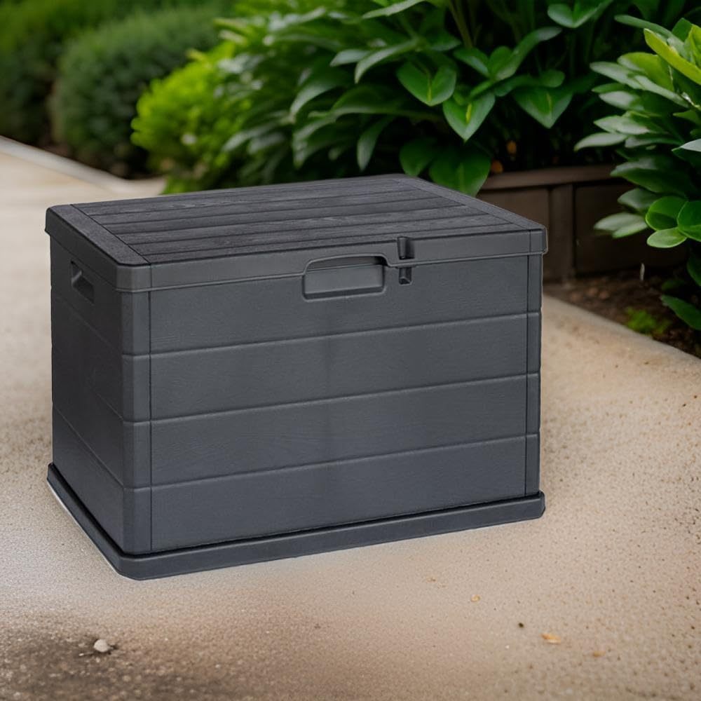 Coffre de jardin Buystar 170L en résine – Imperméable, facile à assembler – Couvercle verrouillable – 78x55x52 cm – Coffre d'extérieur anthracite léger et durable – Organiser, ranger