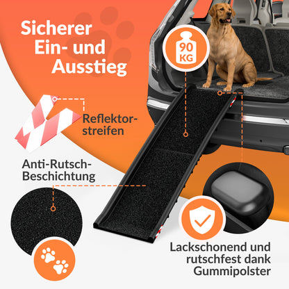 CADOCA® Rampe pour Chien Pliable Auto 90KG Compacte 156X40Cm Poignée de Transport Boucle de Sécurité Réflecteurs Gamelle d'Eau Chien Chat Antidérapant Aide à l'Entrée Facile
