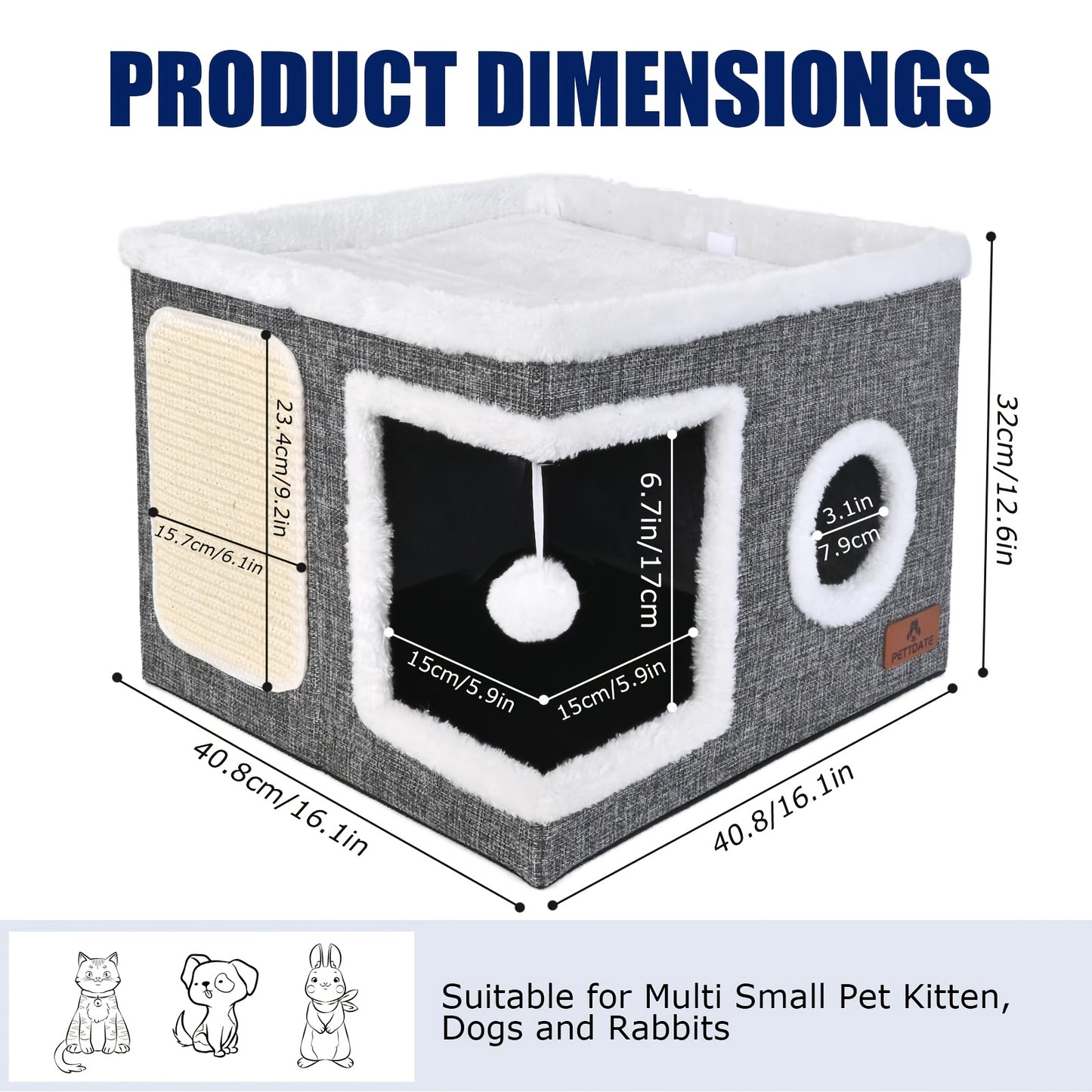 Maison pour chat avec lits à 2 niveaux, tunnel de jeu, canapé pliable, griffoir et balle suspendue en peluche - Cadre en nylon durable, toile douce, conception fermée toutes saisons, cube de lit pour chat d'intérieur facile à assembler, unité de divertiss