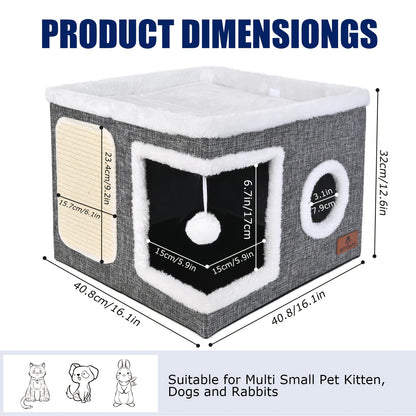 Maison pour chat avec lits à 2 niveaux, tunnel de jeu, canapé pliable, griffoir et balle suspendue en peluche - Cadre en nylon durable, toile douce, conception fermée toutes saisons, cube de lit pour chat d'intérieur facile à assembler, unité de divertiss