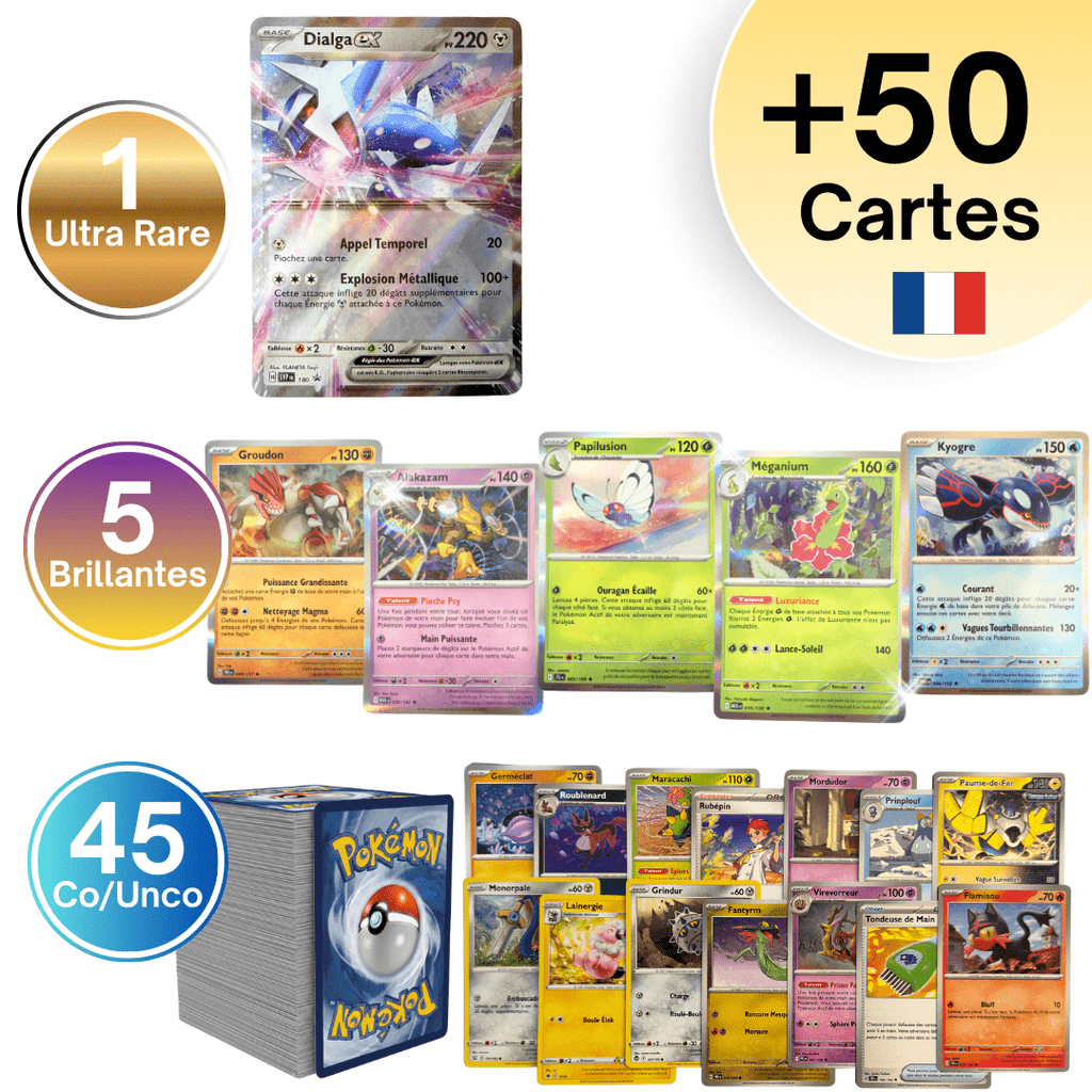 Cartes Pokémon TCG ULTRA PACK en langue française / PACK ULTRA : 1x Ultra rare EX/V + 5x Brillantes (HOLO/REVES) + 45 Cartes Pokémon communes/peu communes - Cartes Aléatoires