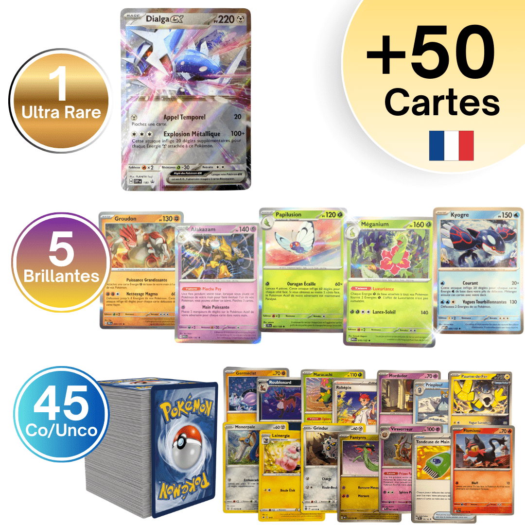 Cartes Pokémon TCG ULTRA PACK en langue française / PACK ULTRA : 1x Ultra rare EX/V + 5x Brillantes (HOLO/REVES) + 45 Cartes Pokémon communes/peu communes - Cartes Aléatoires