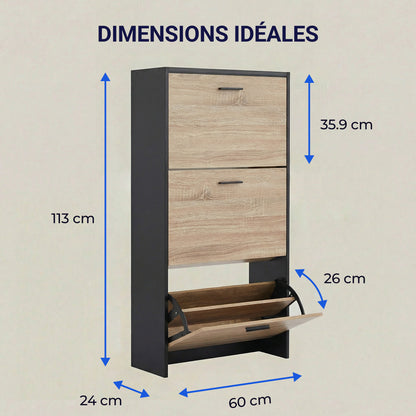 Meuble à chaussures avec 3 compartiments à abattant, armoire de rangement en bois pour jusqu'à 18 paires, organisateur d'entrée peu encombrant