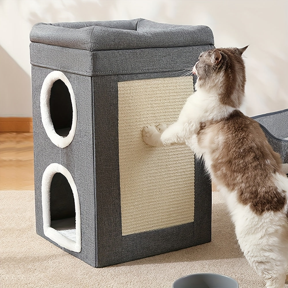 Maison pour Chat Grotte à Trois Étages Nid et Lit avec Planche de Griffoir