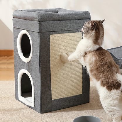 Maison pour Chat Grotte à Trois Étages Nid et Lit avec Planche de Griffoir