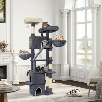Grand Griffoir pour Chat 185 cm Stable avec 6 Poteaux à Griffer, 3 Grotto, 2 Plateformes d'Observation, 2 Paniers, 4 Balles en Peluche, Griffoir Multiniveau pour Chat