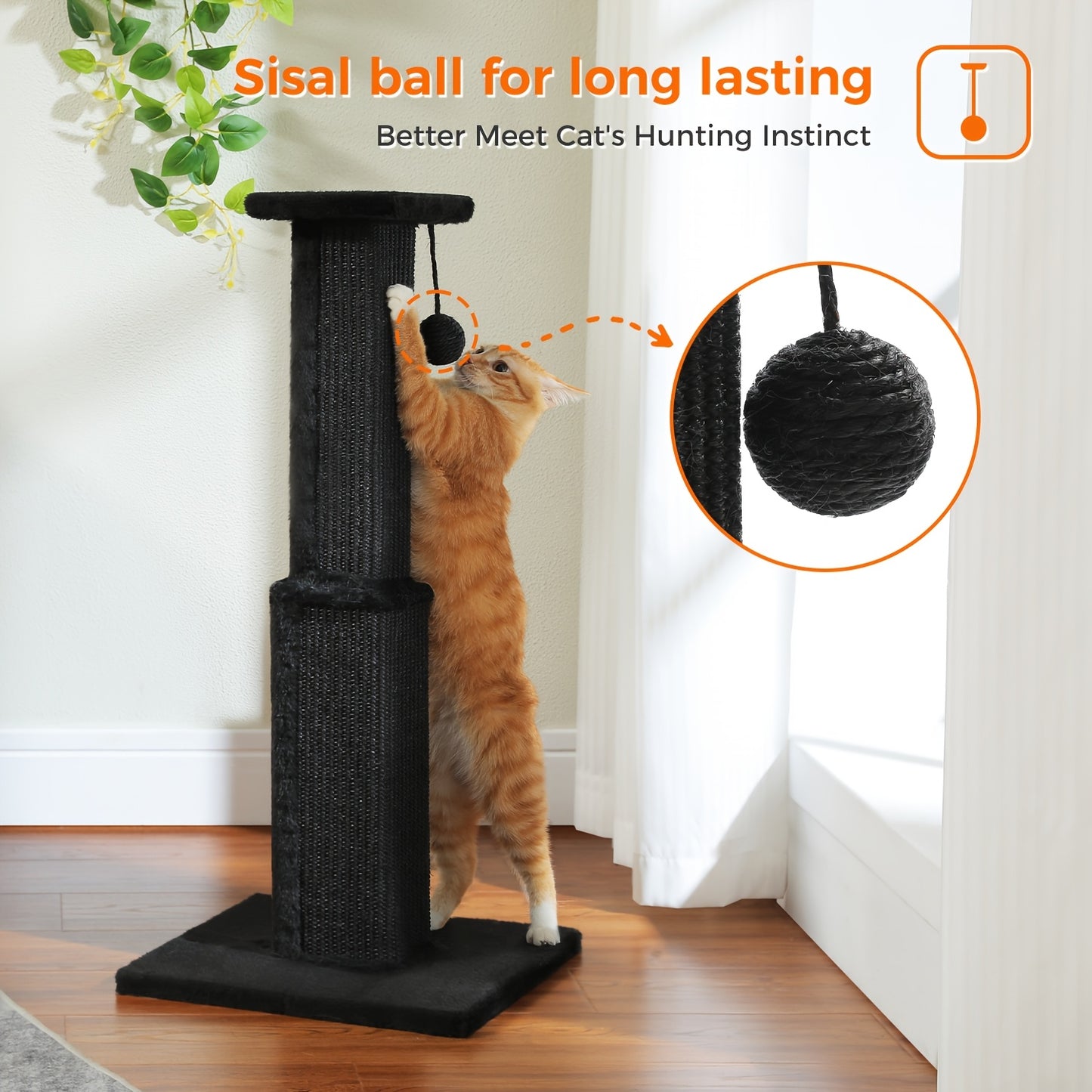 Griffoir pour chat PAWZ Road Large, 80 cm de haut, pour chats adultes d'intérieur, griffoir ultime avec sisal tissé, grande base et balle suspendue amovible