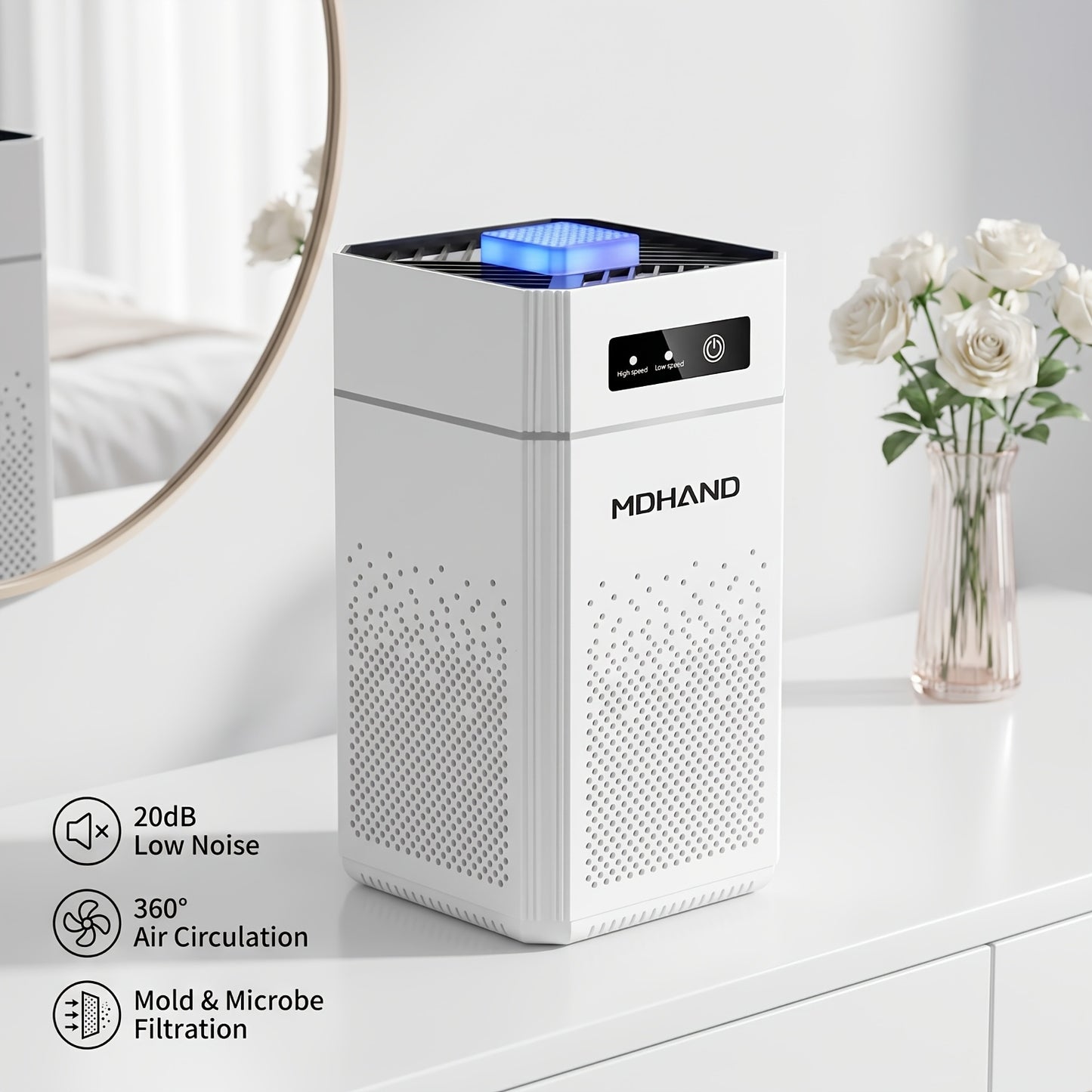 Purificateur d'air portable à faible niveau sonore avec filtre HEPA, idéal pour un usage domestique. Trois vitesses réglables et élimination efficace des allergènes, de la fumée, de la poussière, des squames d'animaux et des odeurs. Parfait pour purifier