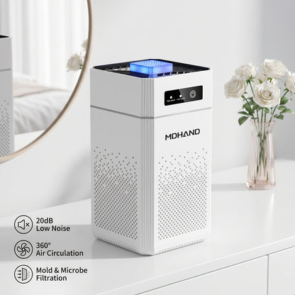 Purificateur d'air portable à faible niveau sonore avec filtre HEPA, idéal pour un usage domestique. Trois vitesses réglables et élimination efficace des allergènes, de la fumée, de la poussière, des squames d'animaux et des odeurs. Parfait pour purifier