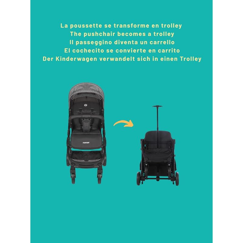 Myla, poussette canne compacte, 0 à 4 ans (22kg max), légère (7,5 kg), poussette citadine, inclinable d’une main en position allongée, grand panier de rangement, avec trolley de transport