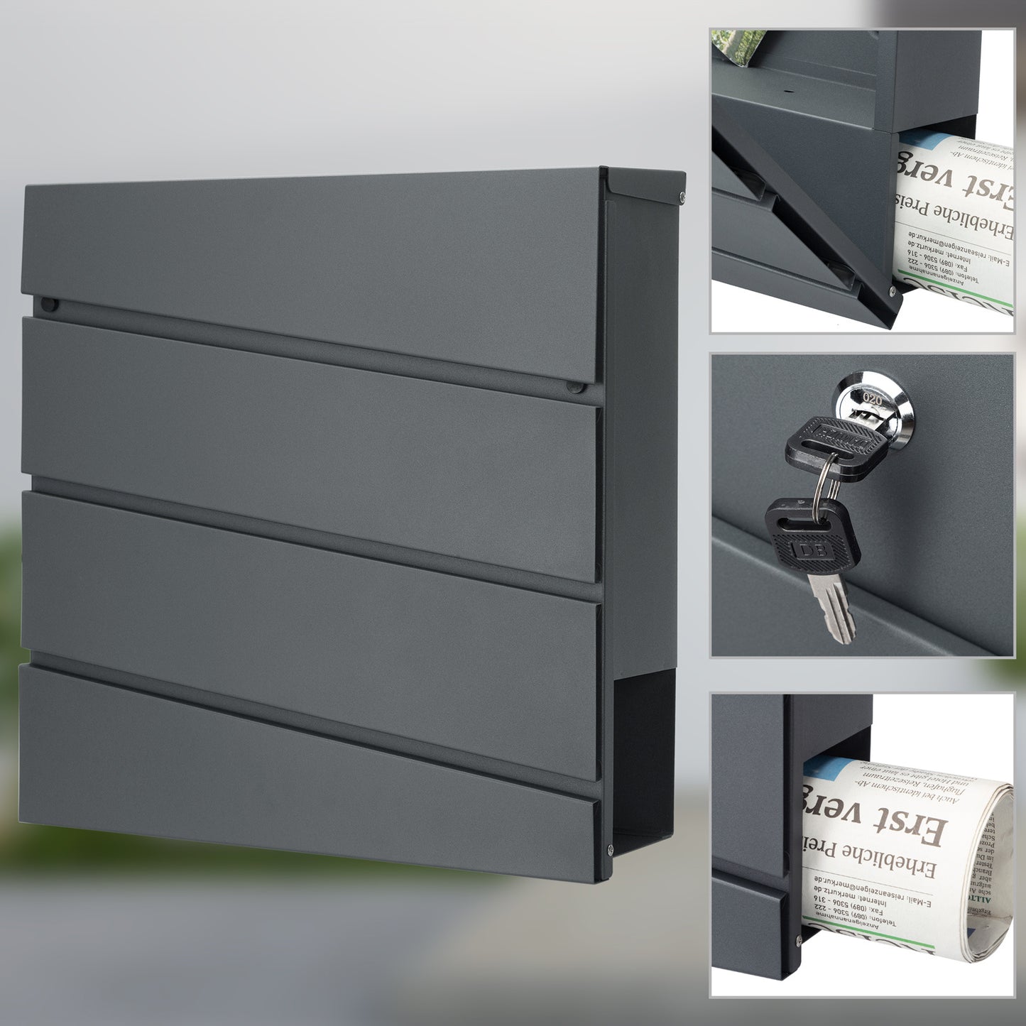 MONZANA® XXL Boîte aux Lettres avec Compartiment pour Journal, Verrouillable, 2 Clés Incluses - Matériel d'Assemblage en Acier Moderne et Simple – Mur à Rouleau de Papier Antracite