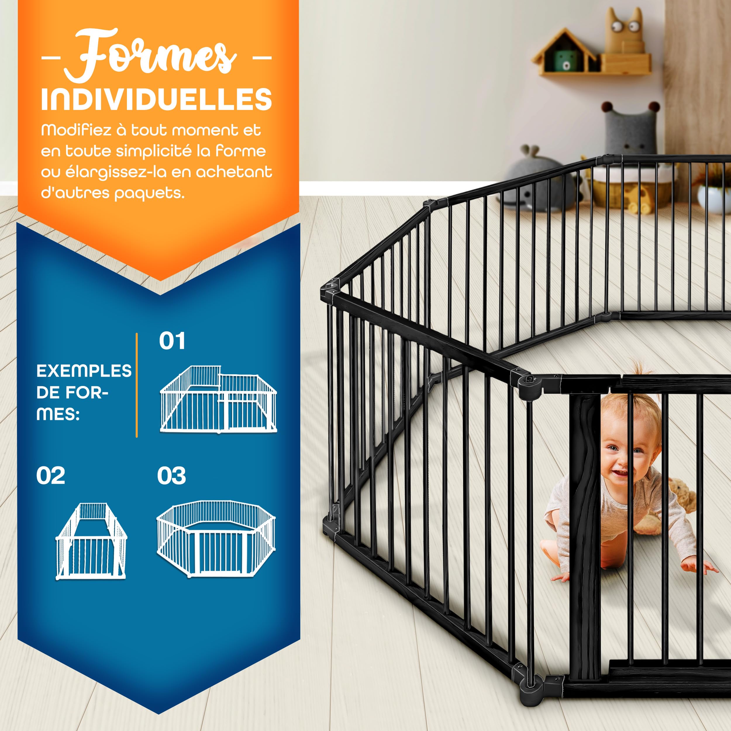 KIDUKU® Parc bébé pliable XXL de 7,2 mètres avec porte | Parc en bois avec double sécurité | Parc pliable pour enfants avec 8 éléments