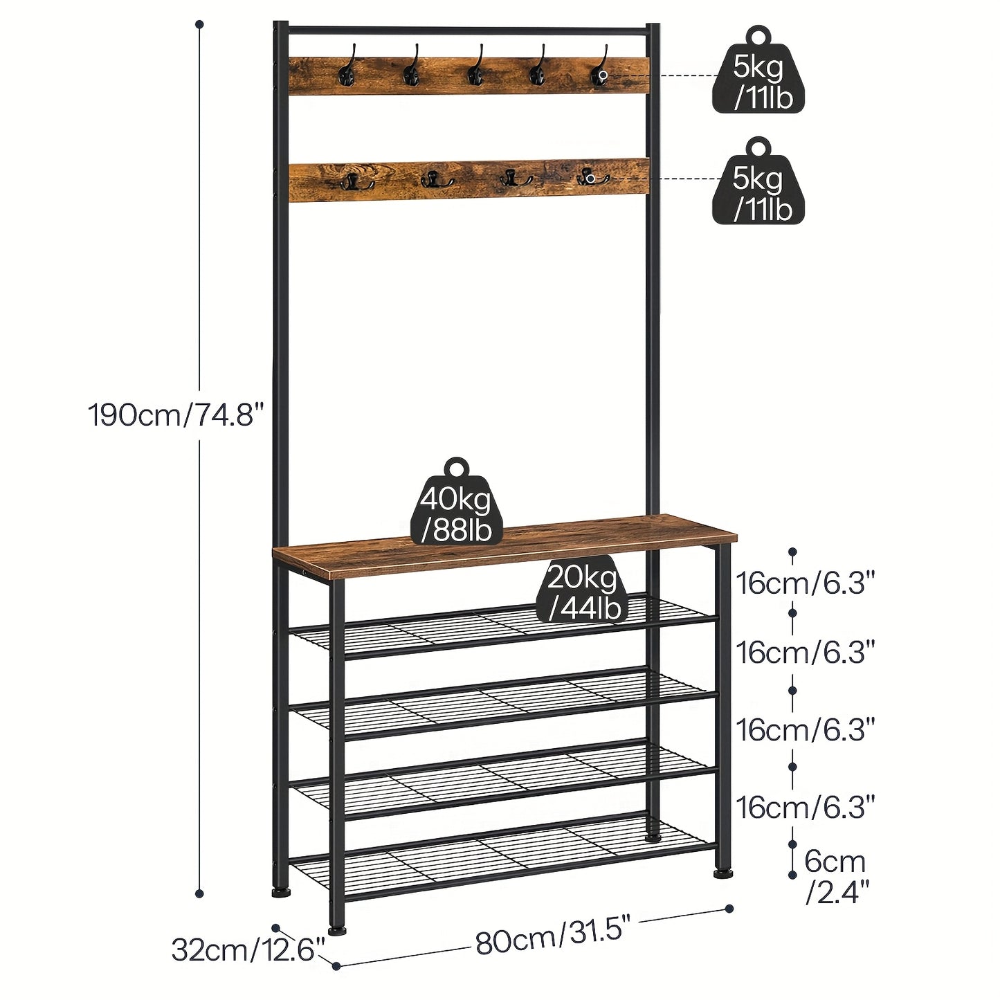 Porte-Manteau avec Étagère à Chaussures et Garde-Robe, Porte-Vêtements avec Rangement pour Chaussures, Meuble à Chaussures à 5 Niveaux, pour Couloir, Marron Foncé