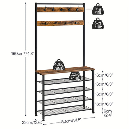 Porte-Manteau avec Étagère à Chaussures et Garde-Robe, Porte-Vêtements avec Rangement pour Chaussures, Meuble à Chaussures à 5 Niveaux, pour Couloir, Marron Foncé