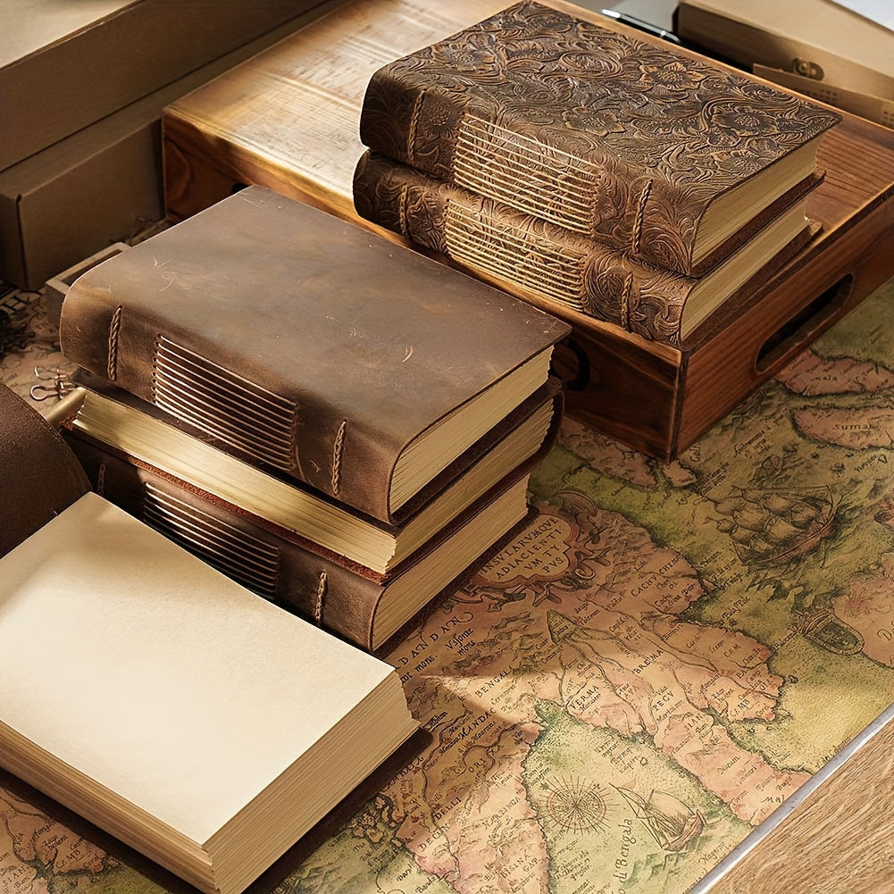 Cahier en Cuir Marron Vintage - 400 Pages, 19.05Cm X 13.97Cm Journal de Voyage Fait Main avec Design Floral en Relief, Papier Kraft Durable, Cadeau Unisexe pour Hommes et Femmes, Parfait pour Croquis, Journalisation et