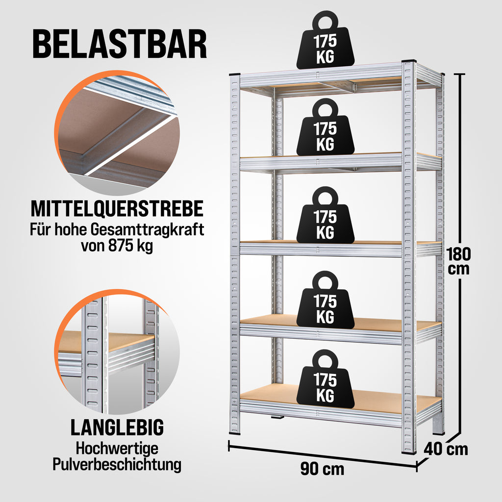 Étagère Robuste 2X 180x90x40cm Matériau de Montage 1750kg 10 Panneaux MDF Étagère de Rangement de Sous-sol Étagère à Brancher Étagère en Métal Étagère d'Atelier Argentée
