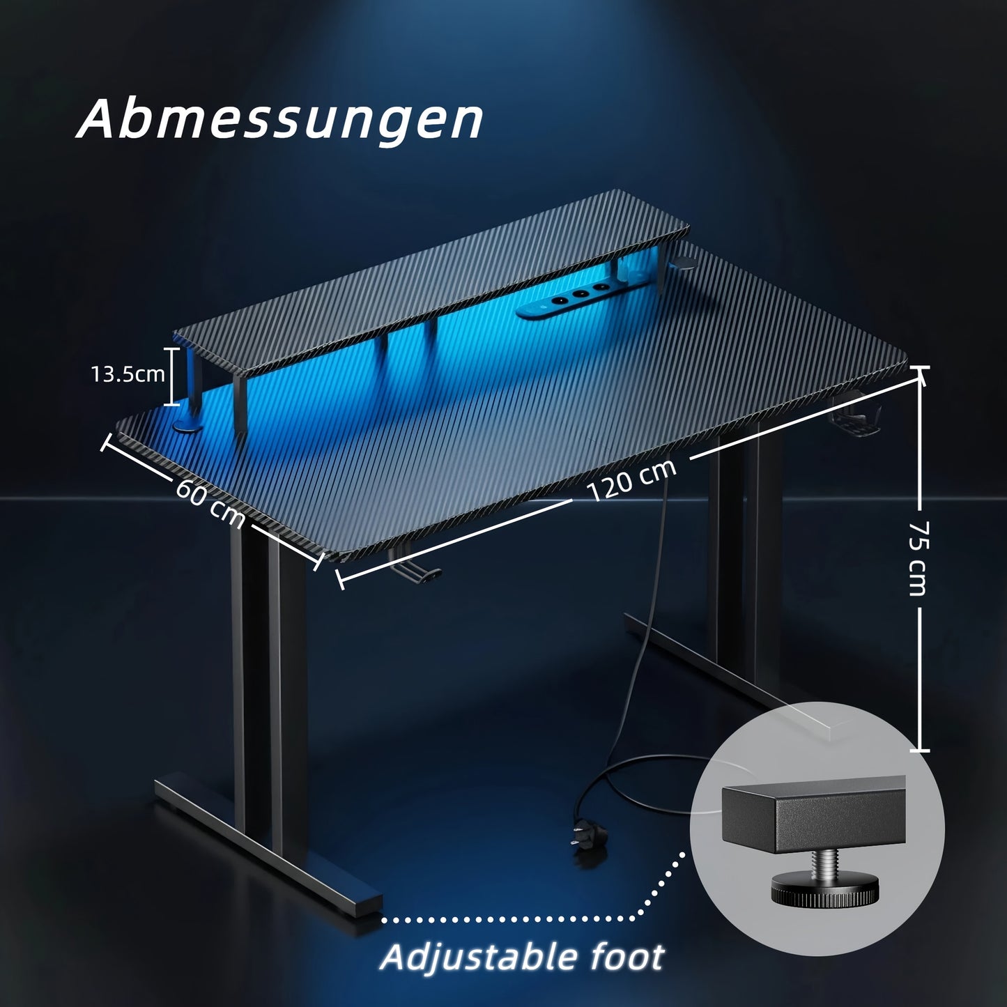 Bureau de Jeu RGB LED avec Prises Électriques et Support pour Moniteur, Poste de Travail Ergonomique pour Ordinateur, Grand Plateau en Fibre de Carbone pour Bureau à Domicile avec Porte-Gobelet et Crochet pour Casque, Noir
