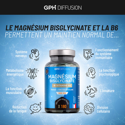 Magnésium Bisglycinate + Vitamine B6 - Energie, Fonction Musculaire, Fatigue - 180 gélules - Absorption maximale