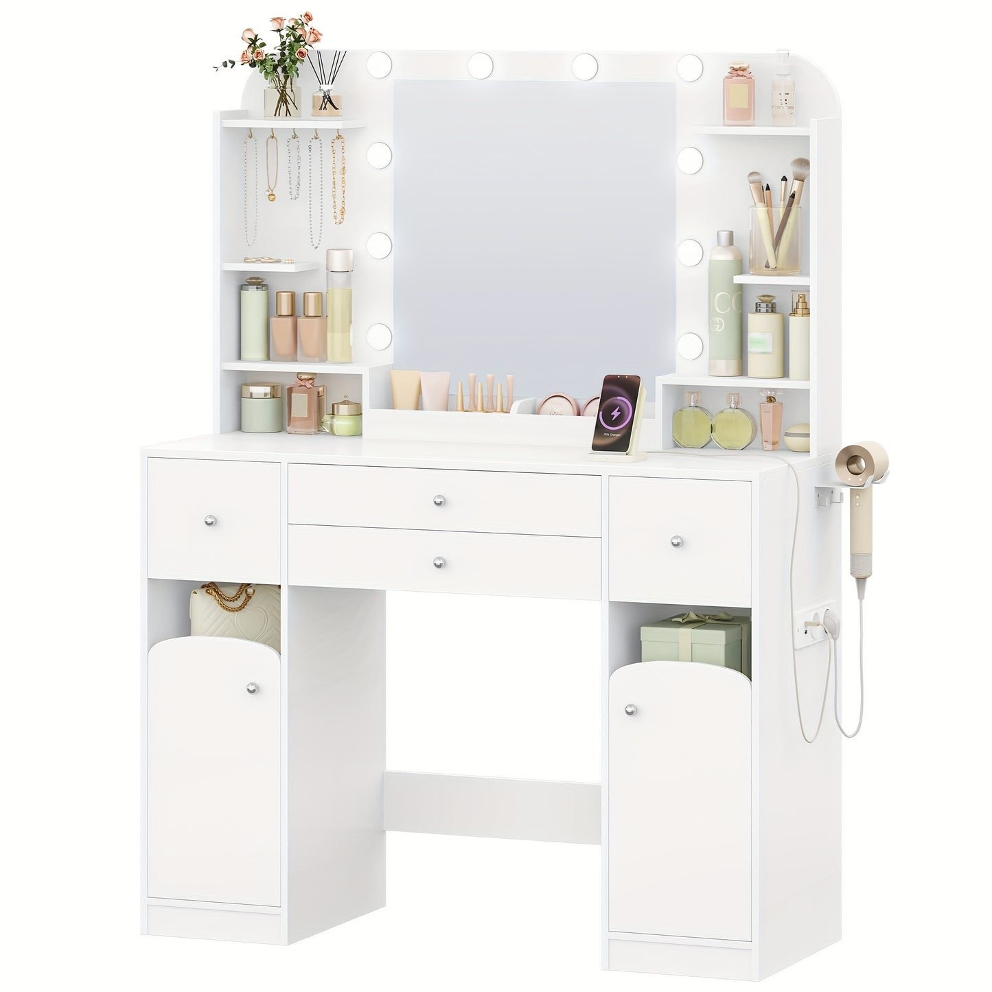 Coiffeuse avec Éclairage LED, Prise et Porte-Sèche-Cheveux, Grand Plateau de 108 cm, 2 Grands Tiroirs avec Plateau à Bijoux, 2 Armoires, 40 x 108 x 144 cm, Blanc