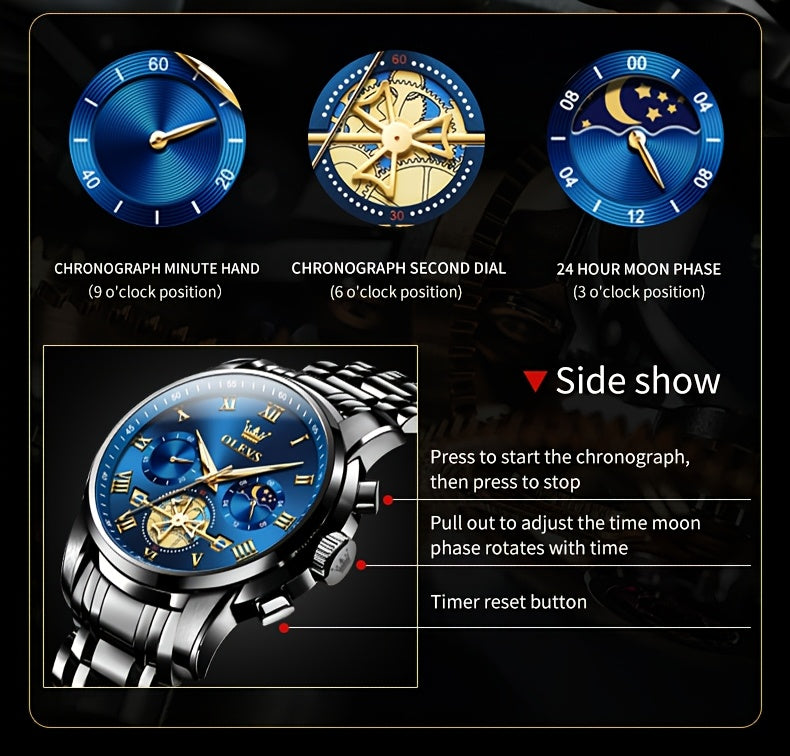 Montres pour Hommes OLEVS Montre à Quartz de Luxe avec Bracelet en Acier Inoxydable, Numéros Romains et Phases Lunaires Lumineuses, Classique Élégante, Cadeaux Romantiques de Noël, Relojes de Hombre Bleu/Noir/Blanche/Cadran Doré