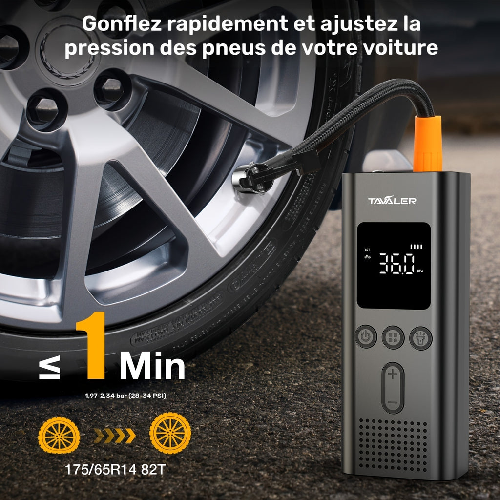Compresseur d'air portable avec 3 batteries rechargeables, écran LCD, lumière LED et mode SOS - Idéal pour voitures, motos et vélos
