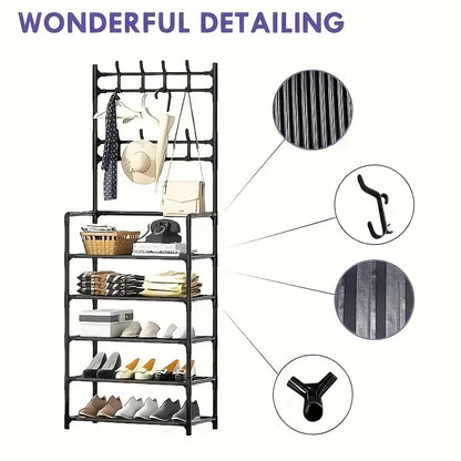 Porte-chaussures de Rangement - Porte-manteau Gain de Place, Porte-chaussures à 5 Niveaux avec 8 Crochets, Structure Robuste en Métal/Plastique Doré, Conception Autoportante ou Murale pour Maison, Bureau et Magasin - Convient pour Ranger Chaussures, Mante