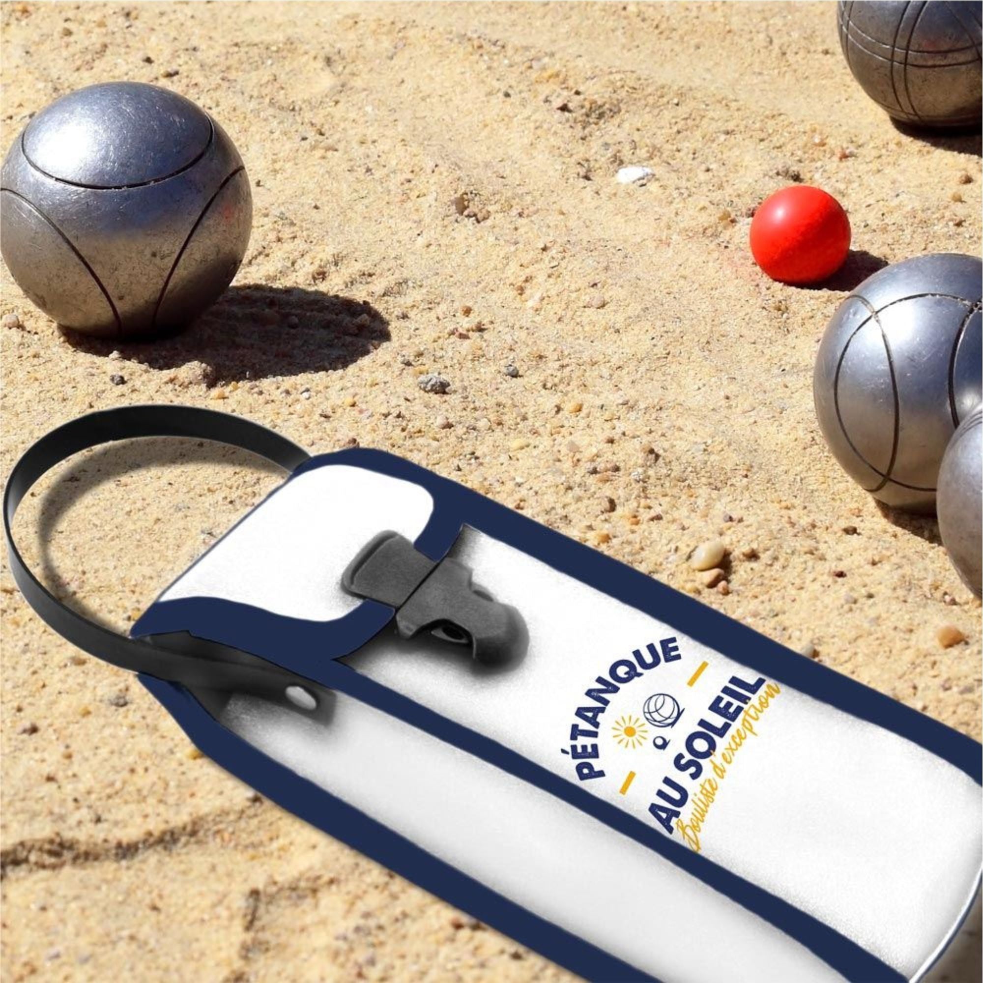 Étui de Pétanque Au Soleil – Sacoche 3 Boules Blanc et Bleu en Simili Cuir
