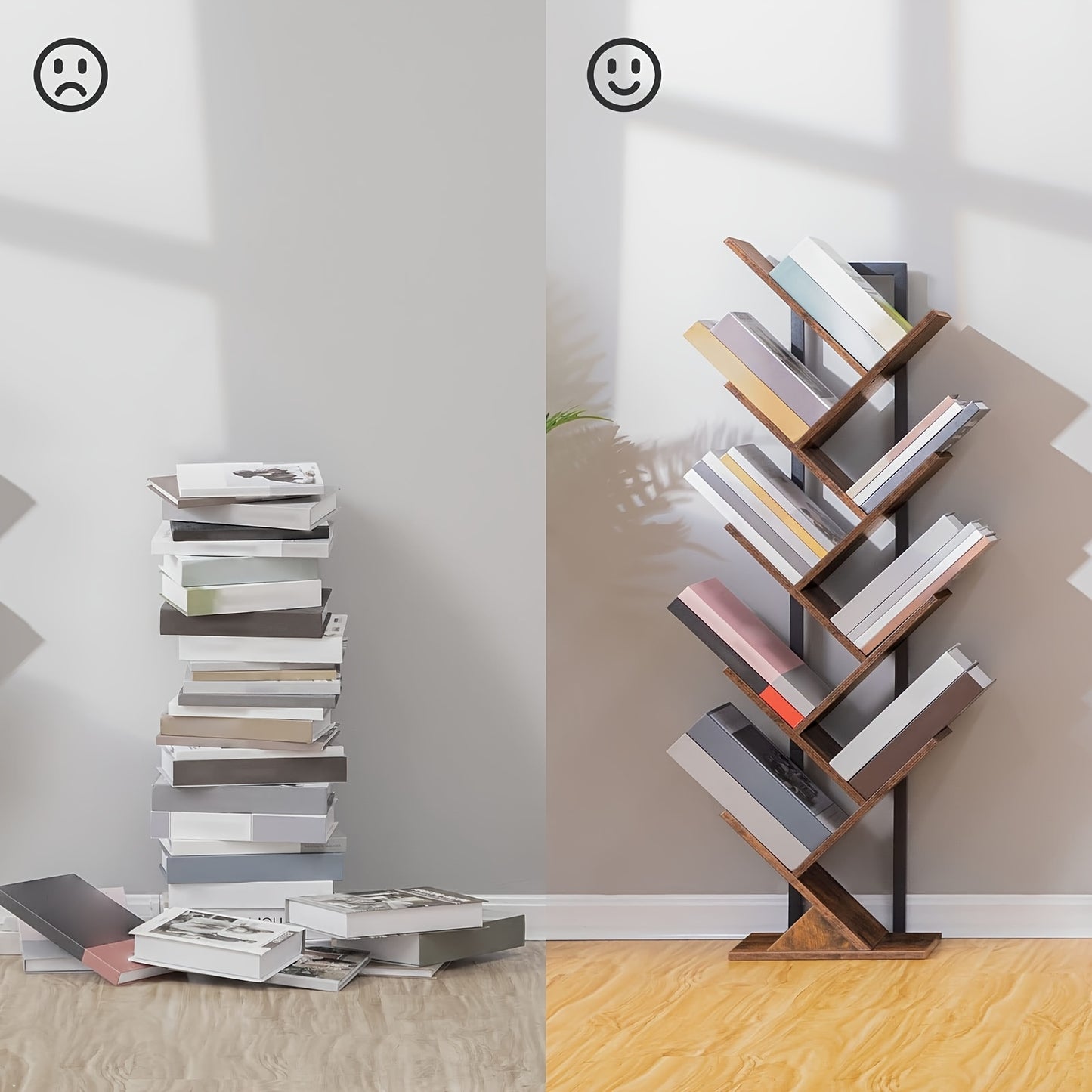 Étagère, Bibliothèque verticale à 9 niveaux, Support DVD en bois, Forme d'arbre, Cadre en métal, Convient pour salon, bureau, chambre à coucher, Marron vintage